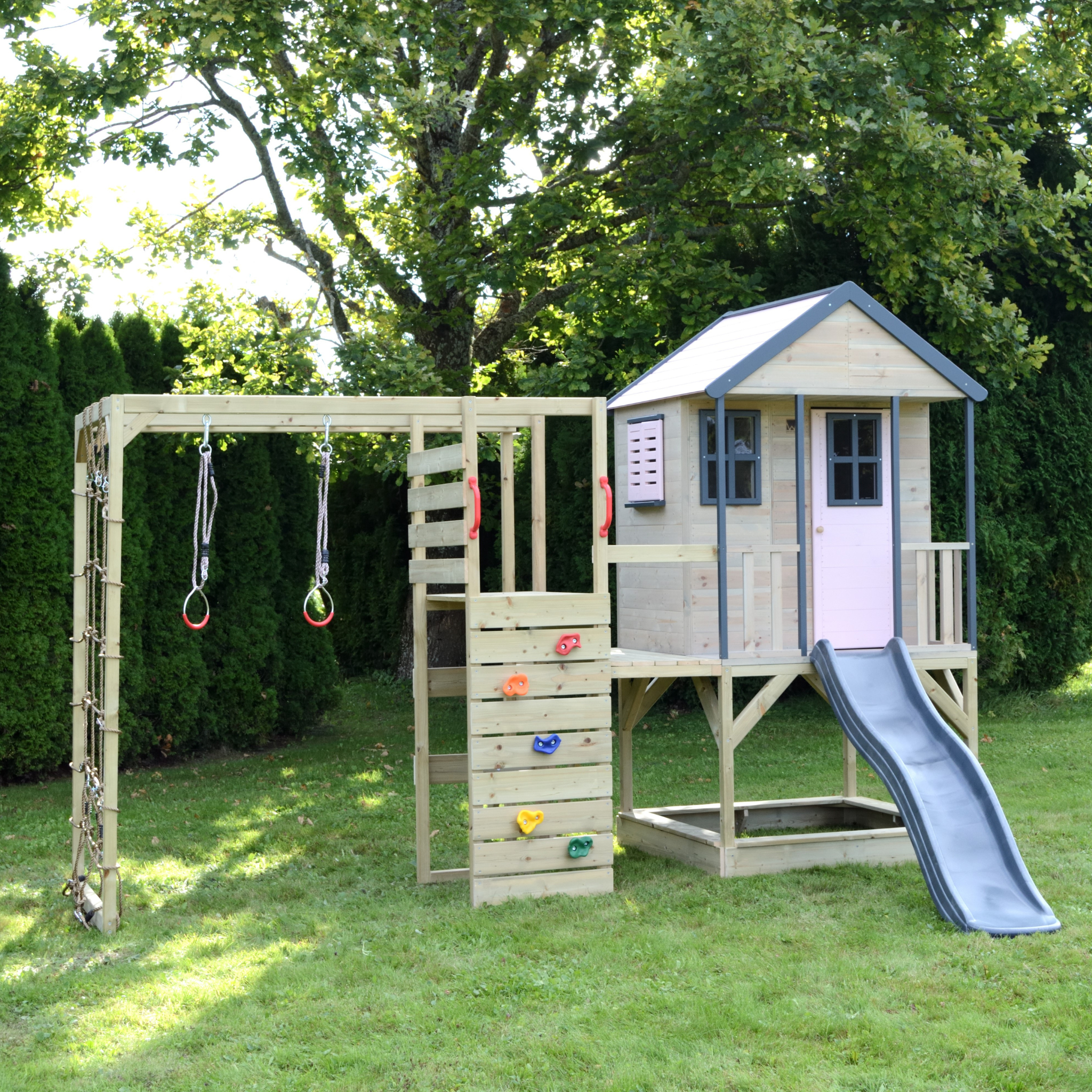 M48-GK Adventure Cottage House with Platform and Slide + Gym & Kitchen Attachment