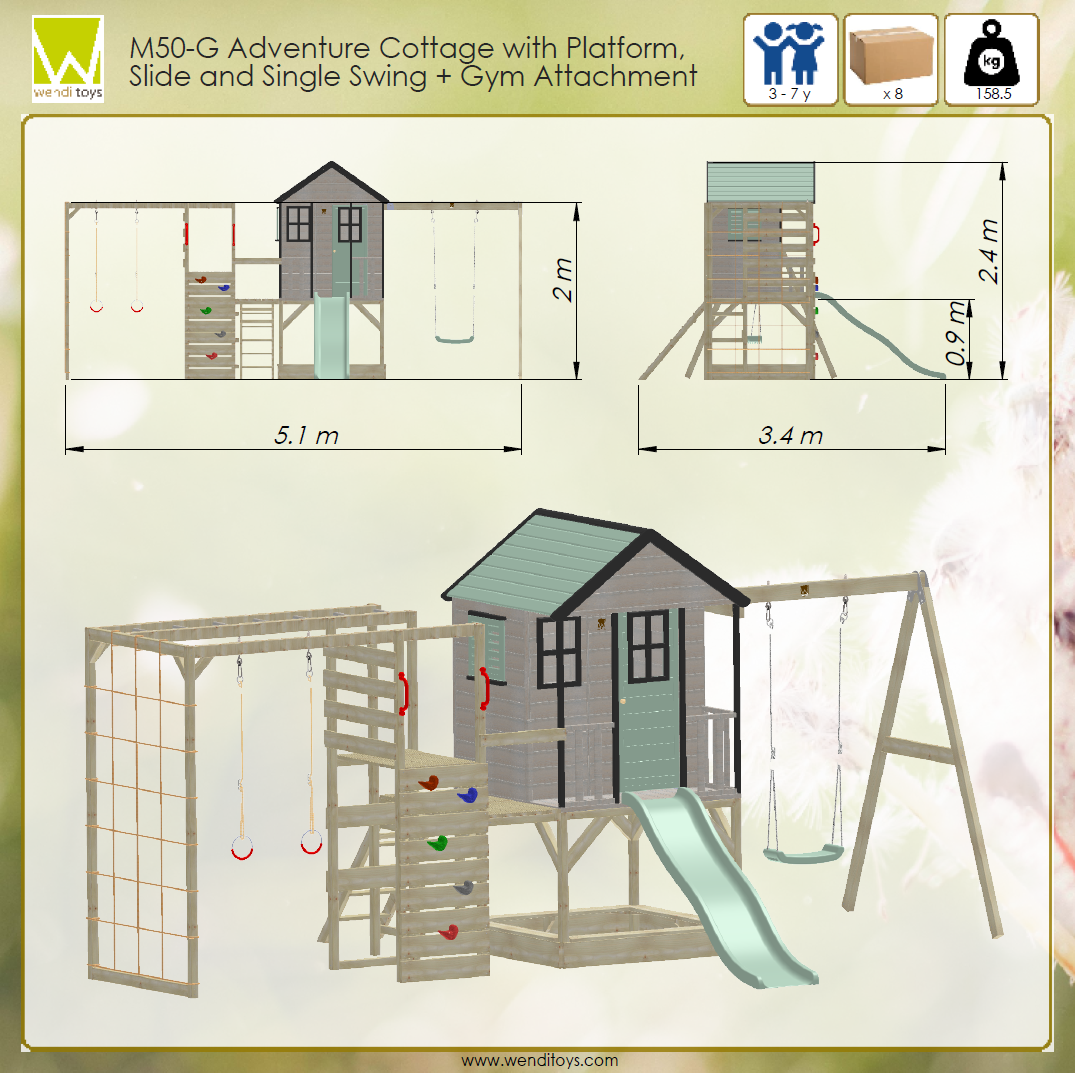M50-G Adventure Cottage House with Platform, Slide and Single Swing + Gym Attachment