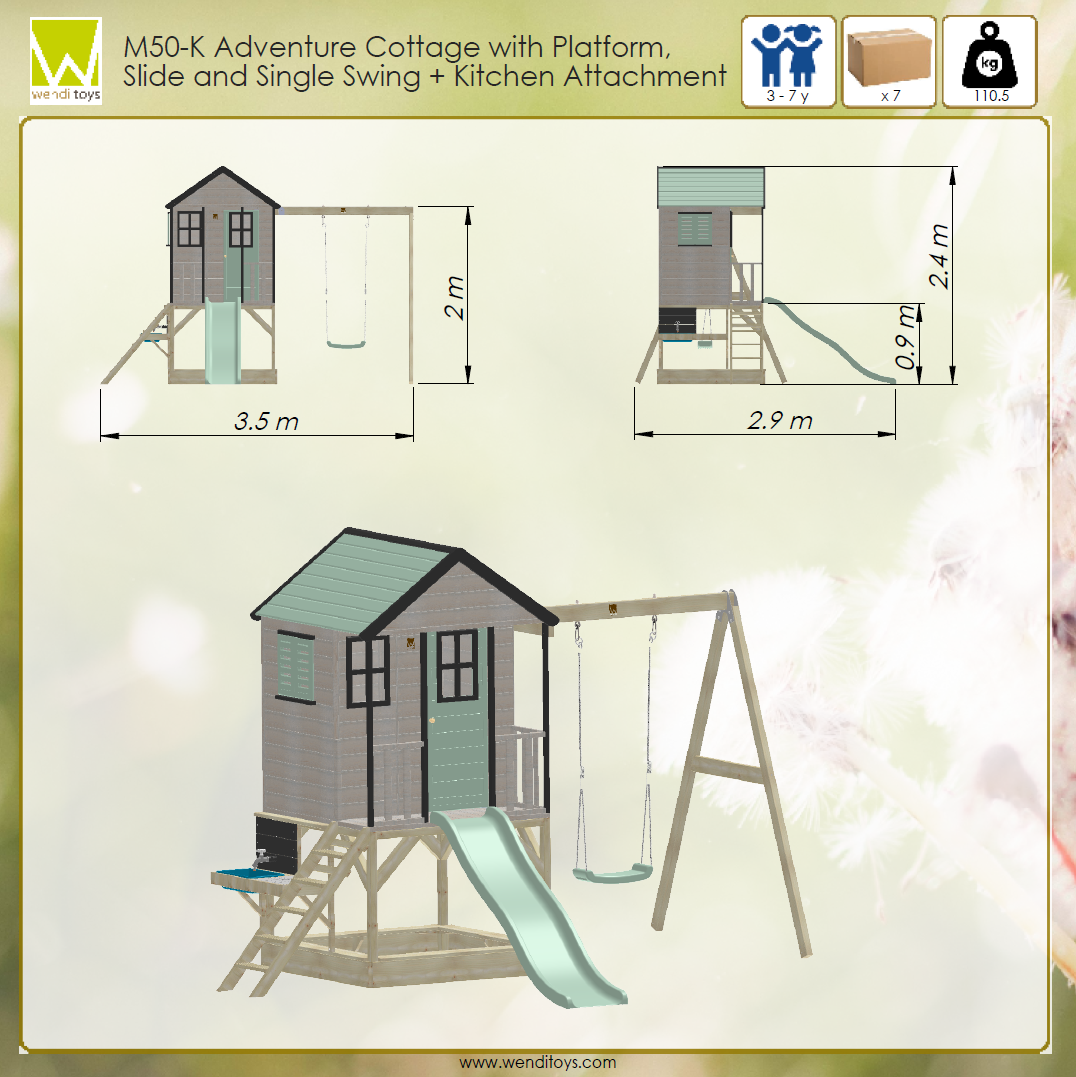 M50-K Adventure Cottage House with Platform, Slide  and Single Swing + Kitchen Attachment