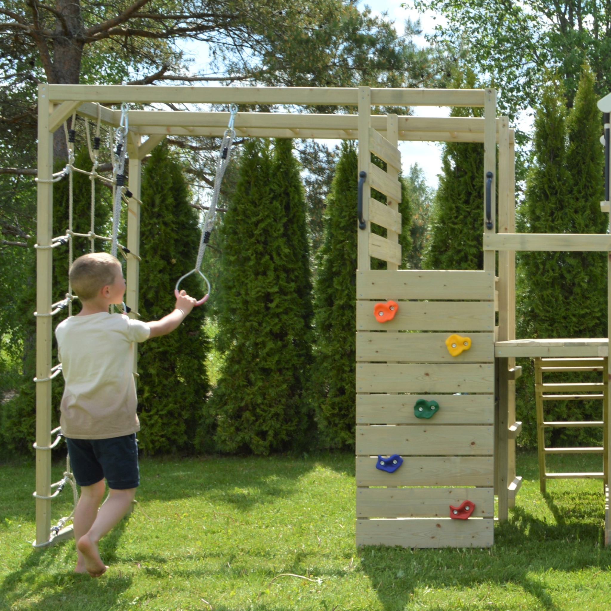 M50-G Adventure Cottage House with Platform, Slide and Single Swing + Gym Attachment