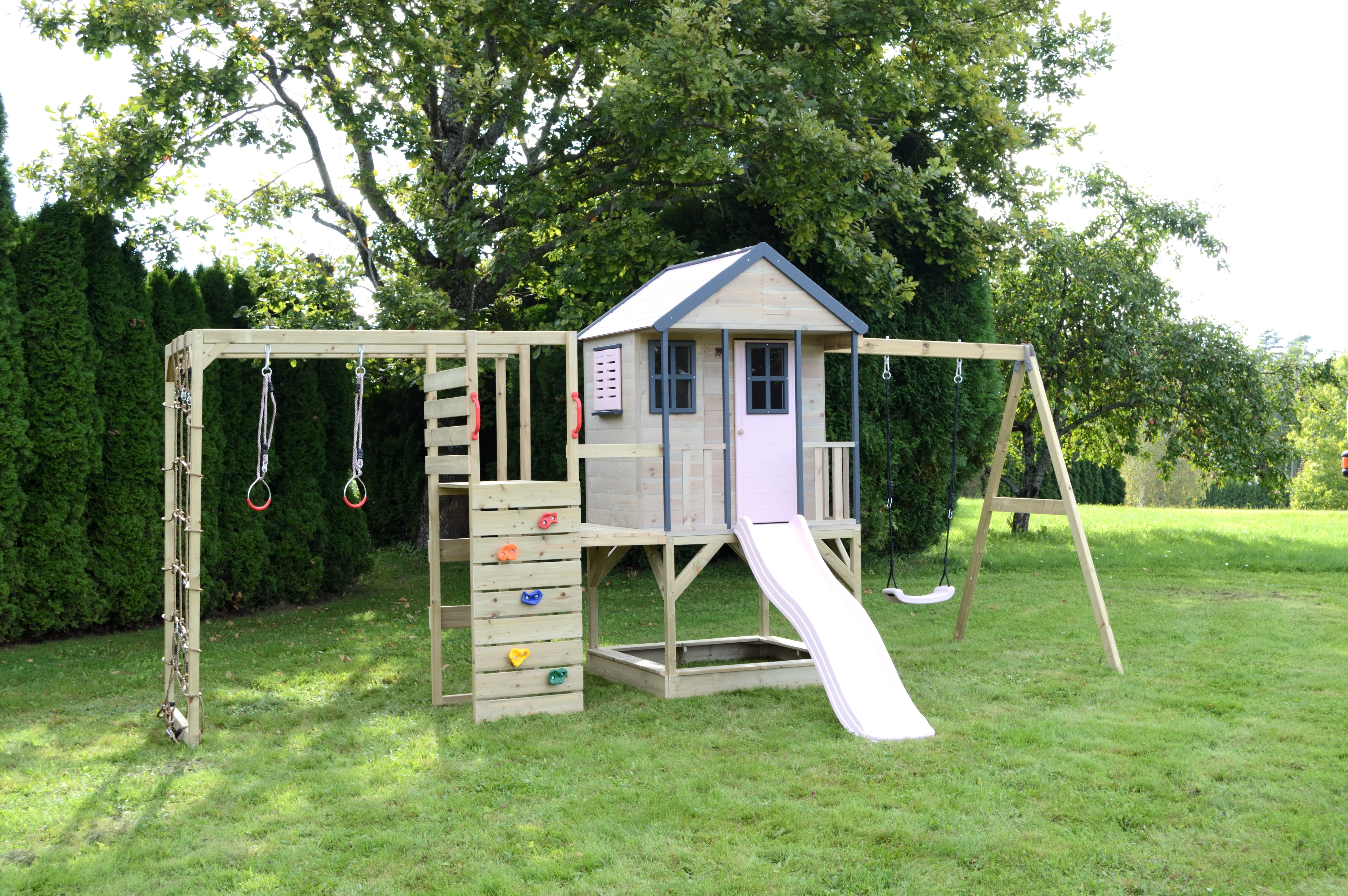M50-G Adventure Cottage House with Platform, Slide and Single Swing + Gym Attachment