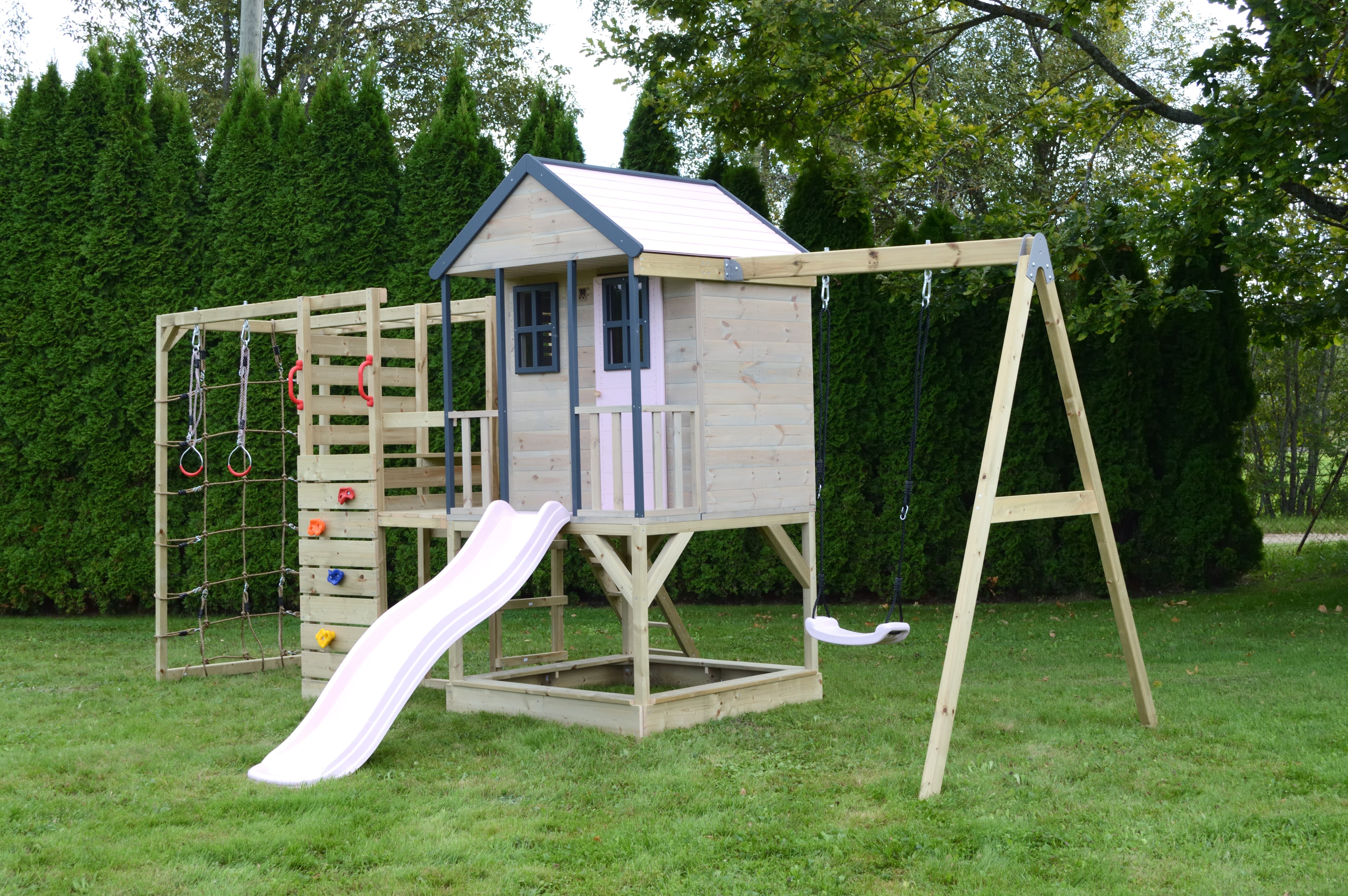 M50-G Adventure Cottage House with Platform, Slide and Single Swing + Gym Attachment