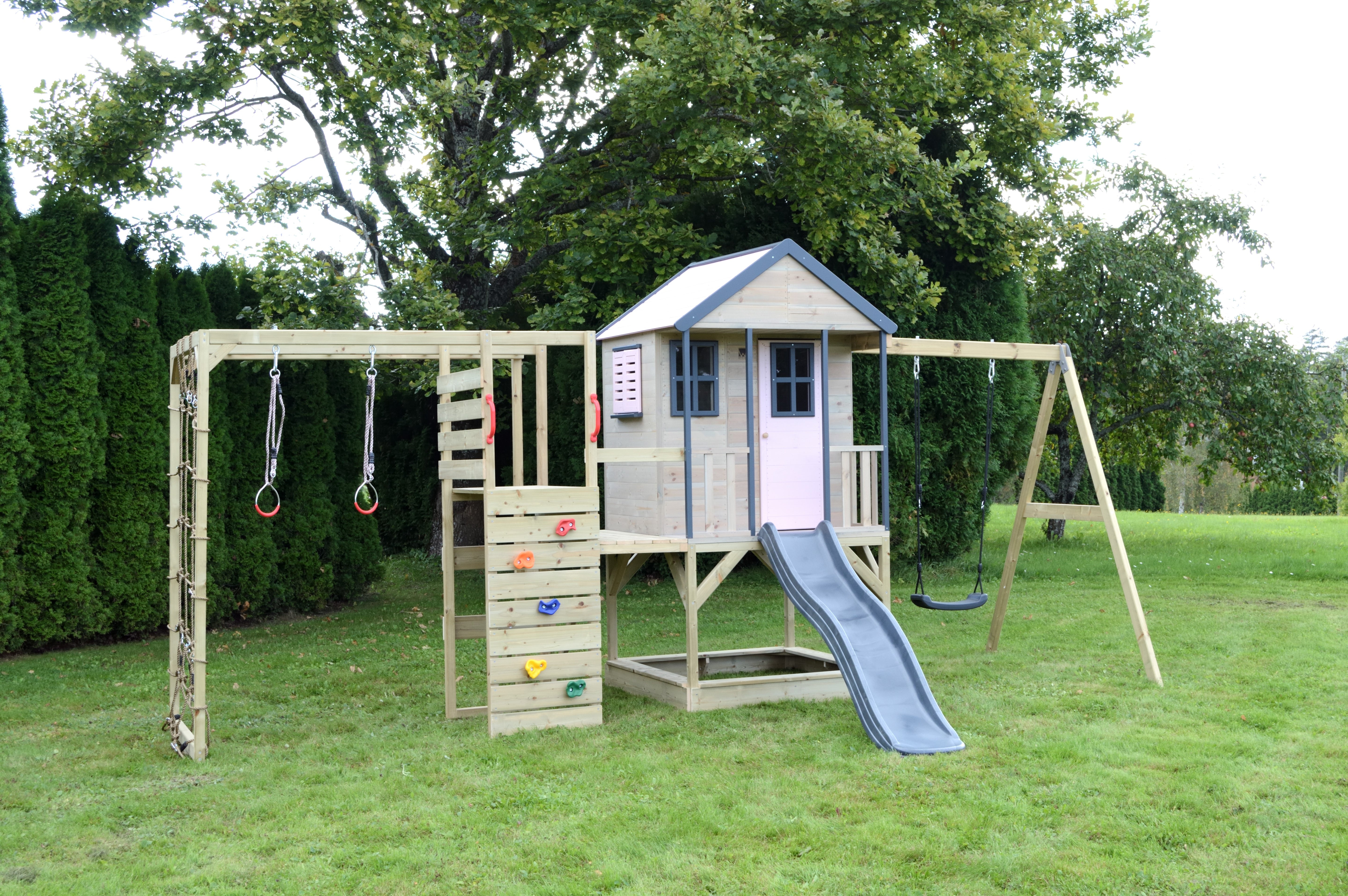 M50-G Adventure Cottage House with Platform, Slide and Single Swing + Gym Attachment