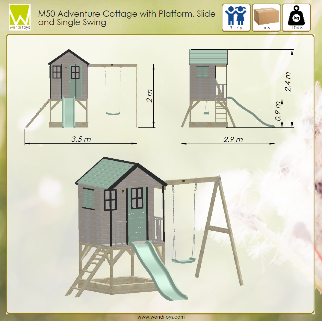 M50 Adventure Cottage House with Platform, Slide and Single Swing