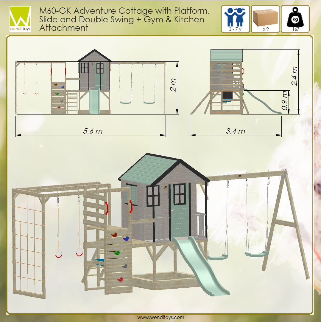 M60-GK Adventure Cottage House with Platform, Slide and Double Swing + Gym & Kitchen Attachment