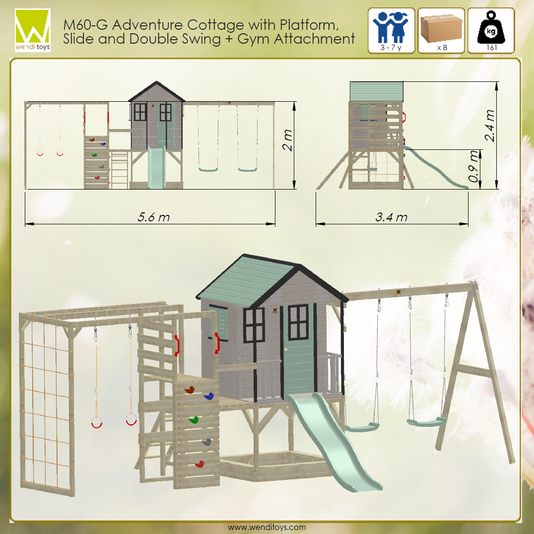 M60-G Adventure Cottage House with Platform, Slide and Double Swing + Gym Attachment