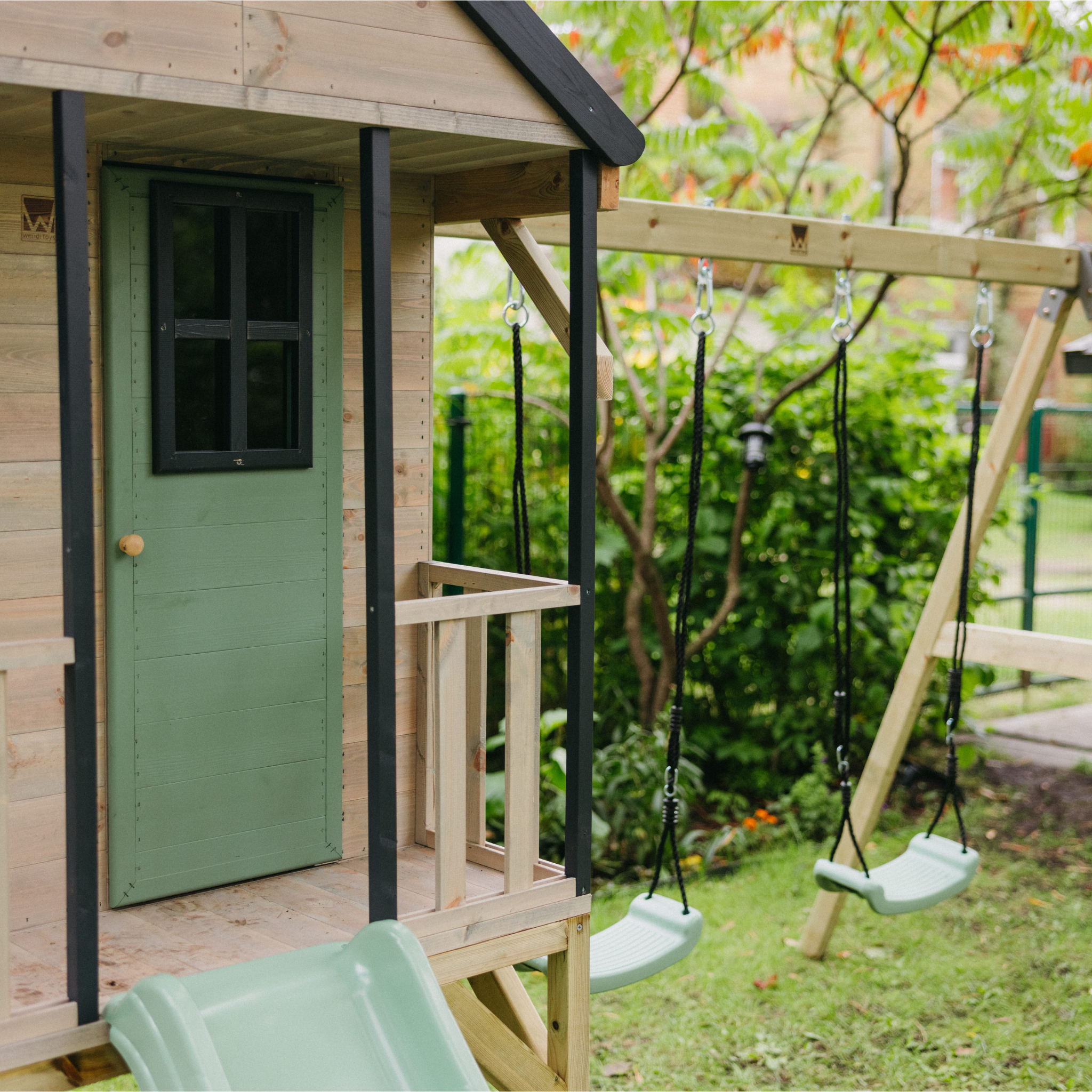 M60-G Adventure Cottage House with Platform, Slide and Double Swing + Gym Attachment