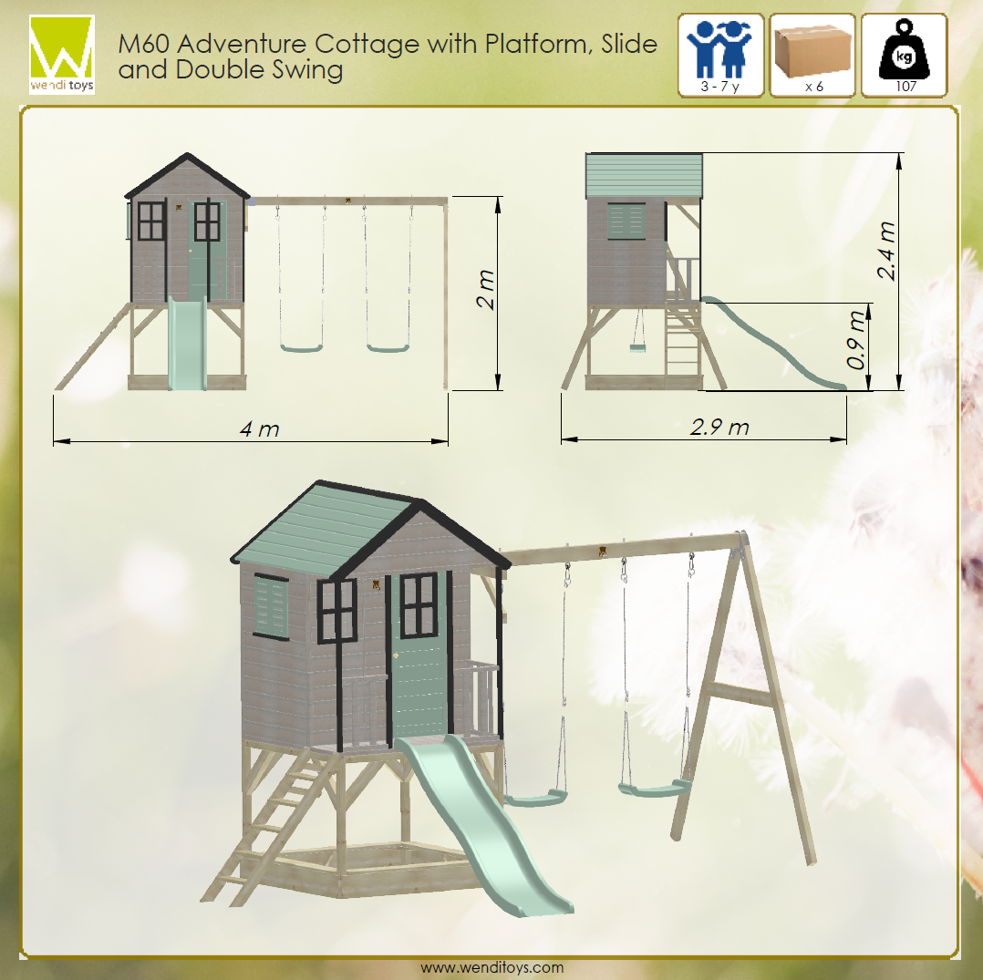 M60 Adventure Cottage House with Platform, Slide and Double Swing